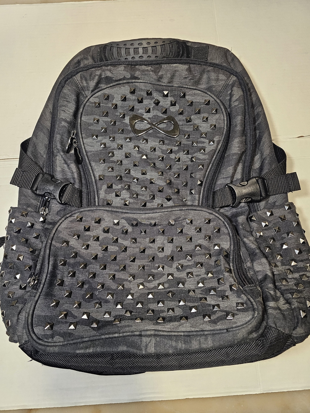 Nfinity Black & Gray Camo Metal Studded Full Size Cheer Bag Backpack